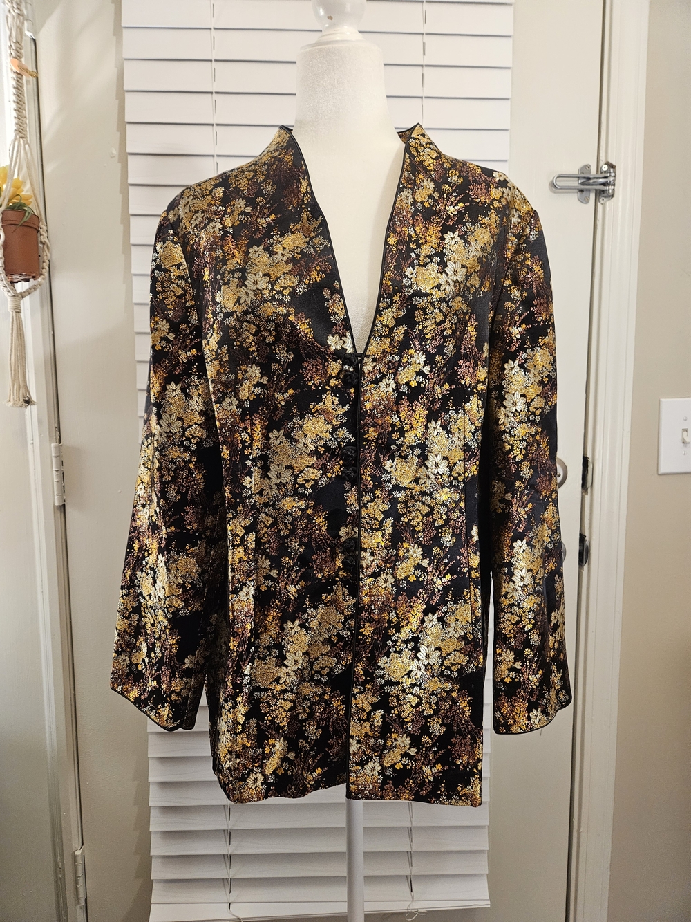 Cathayana Black Gold  Floral Brocade Jacket Frog Closure Size Large Blazer - Picture 4 of 10